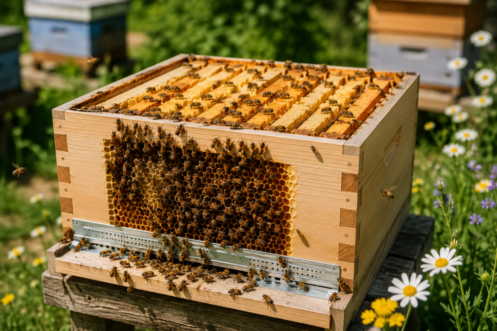 Open wooden beehive box with bees working on the frames