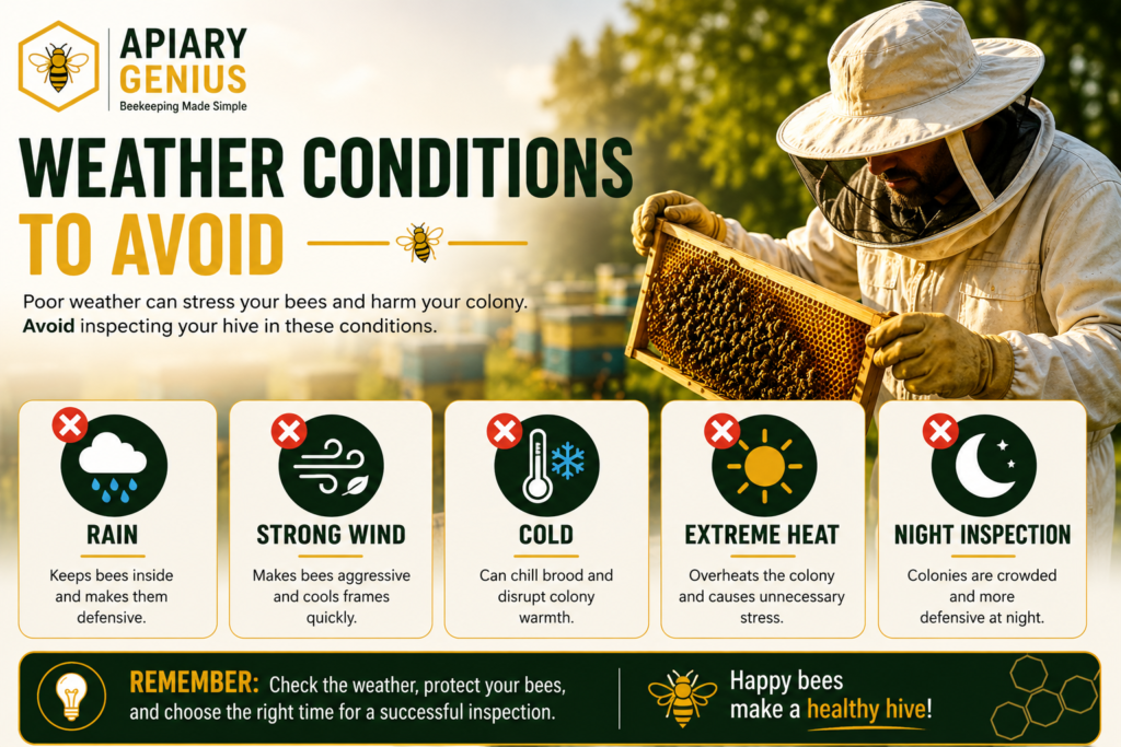 Weather conditions to avoid when inspecting a beehive infographic