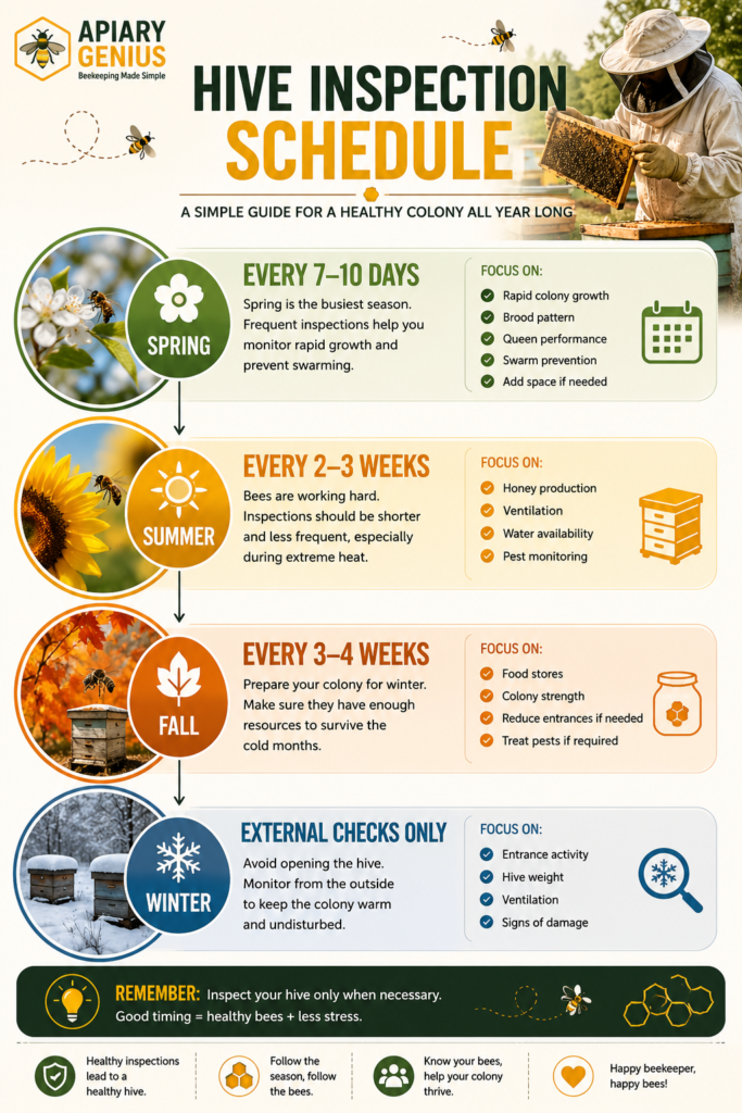 Best time to inspect a beehive schedule infographic