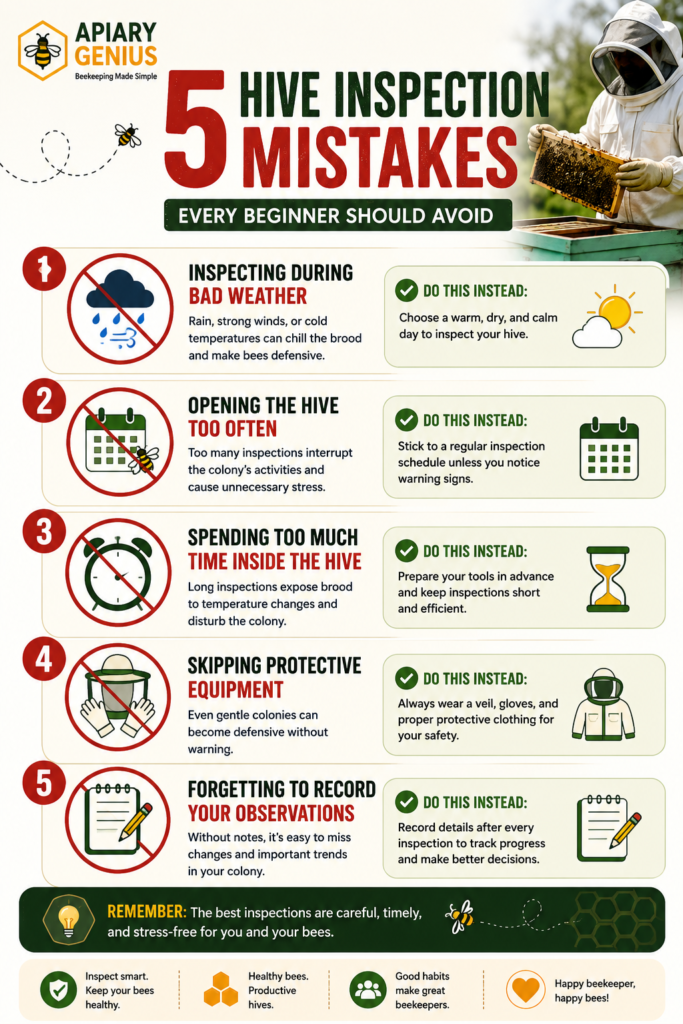 Best time to inspect a beehive mistakes infographic
