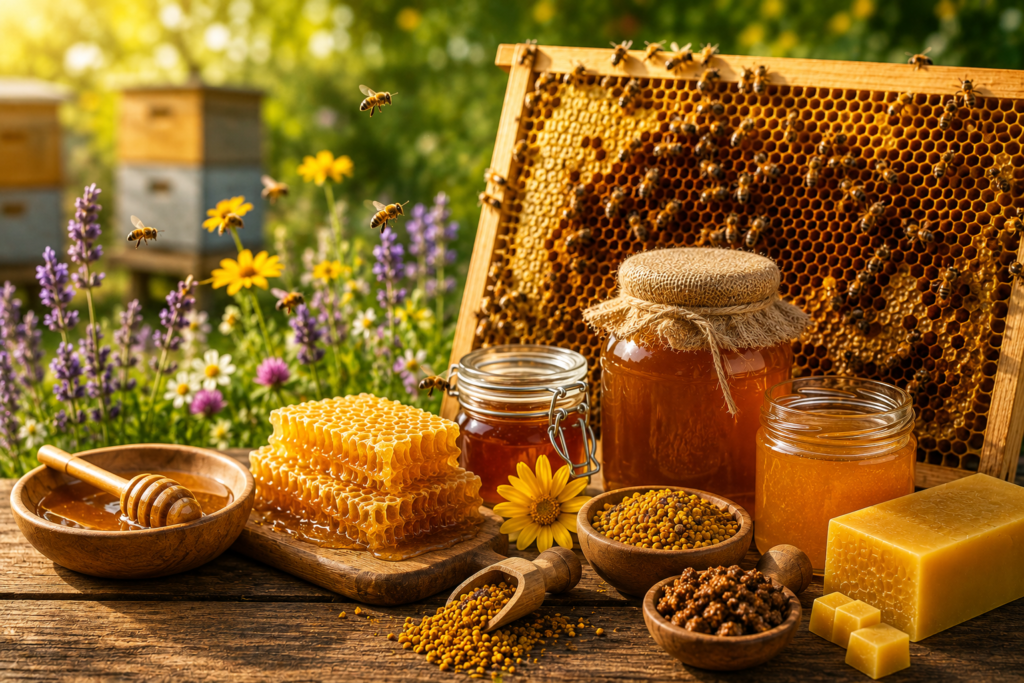 Beekeeping products with honey, beeswax, honeycomb, bee pollen, and a healthy honey bee colony.