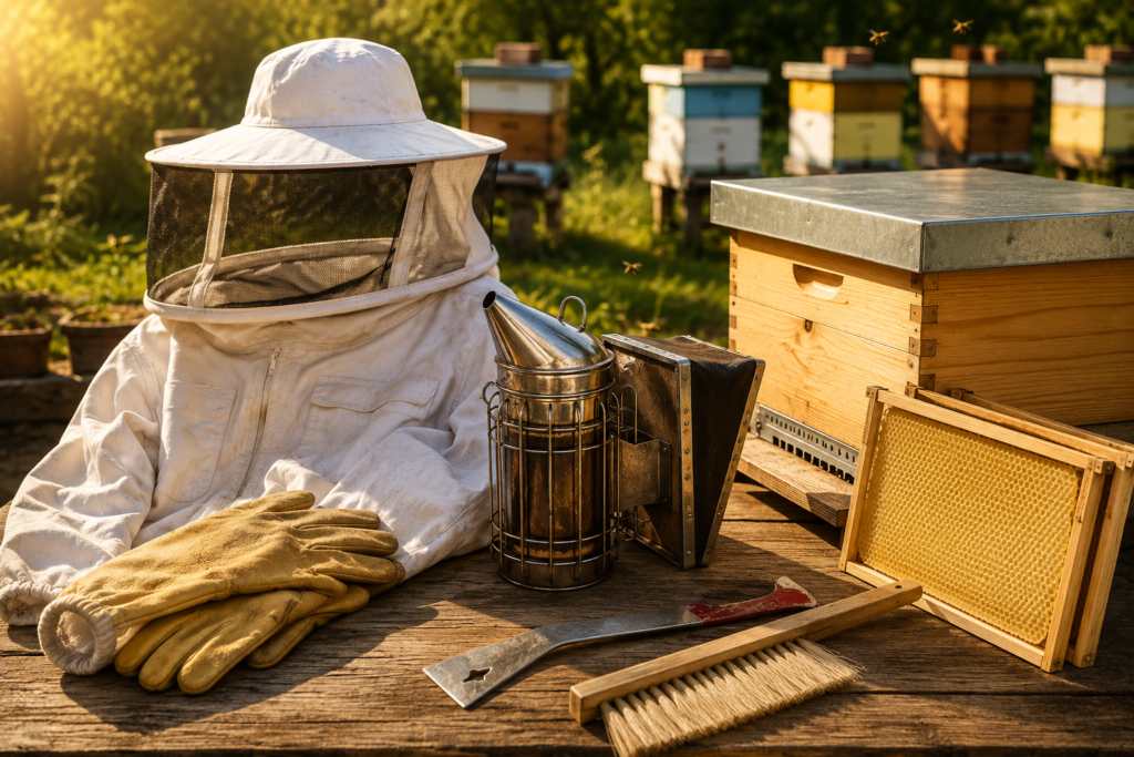 Essential beekeeping equipment including a protective suit, gloves, smoker, hive tool, bee brush, wooden hive, and honeycomb frame in an outdoor apiary.
