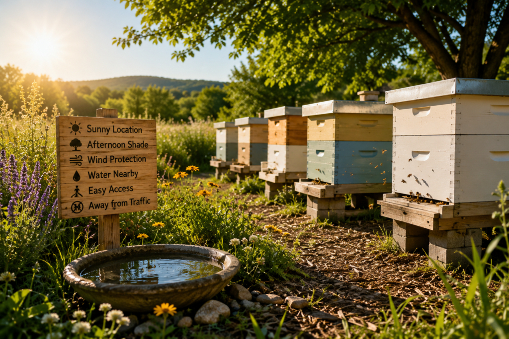 Ideal beekeeping apiary location with wooden hives in a sunny meadow, natural shade, nearby water source, and flowering plants.