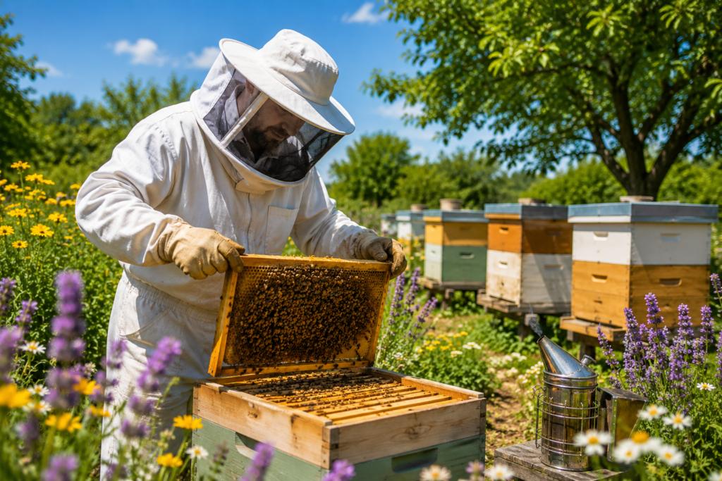 Beekeeper inspecting a healthy honey bee colony during seasonal hive maintenance