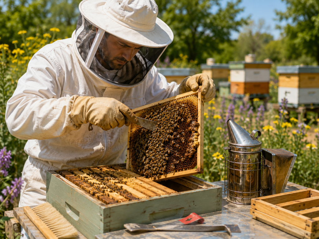 Beekeeper carefully inspecting a honey bee frame to detect diseases, pests, and common hive management mistakes.