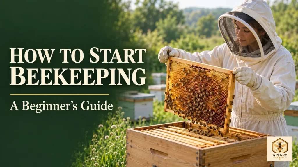 How to start beekeeping: beekeeper inspecting a honeycomb frame above an open hive
