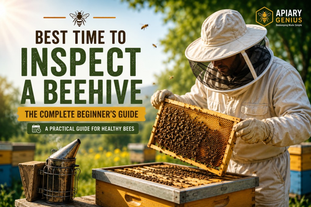 Beekeeper inspecting a healthy beehive during a sunny spring day