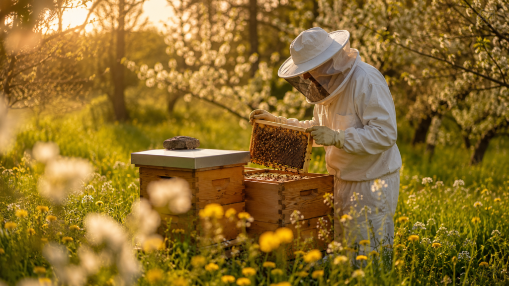Beekeeper checking hive frames during the best season to start beekeeping