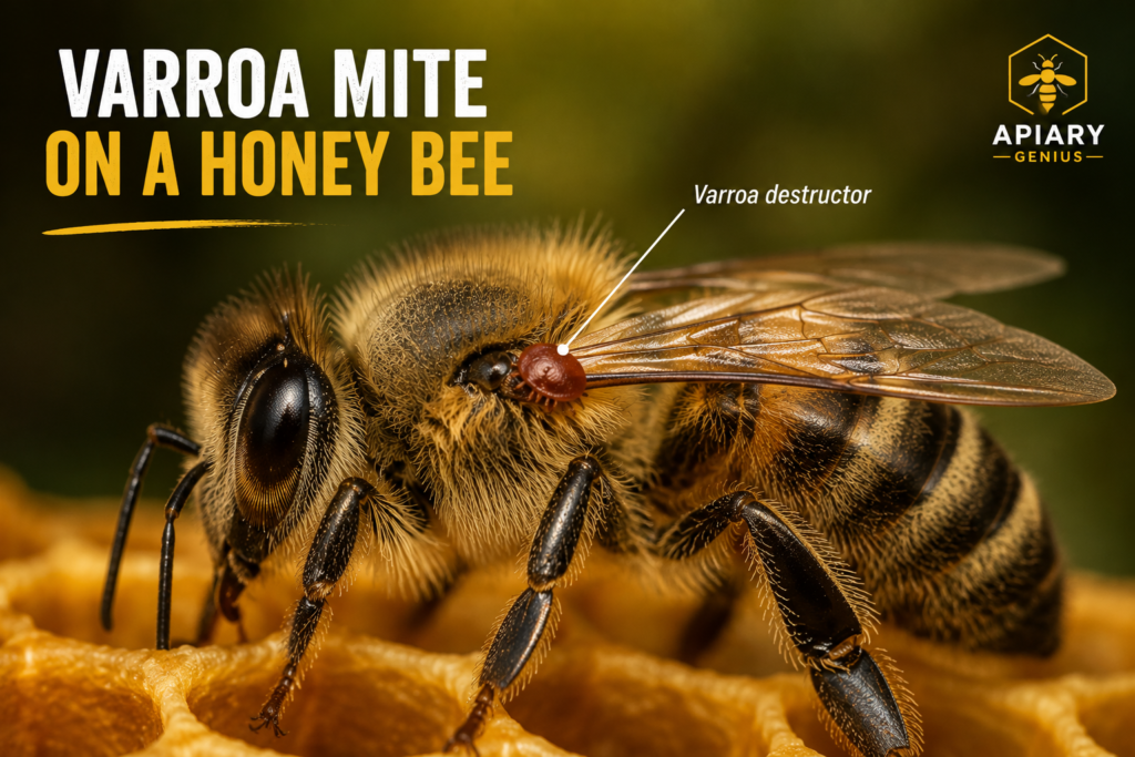 Varroa mite attached to a honey bee