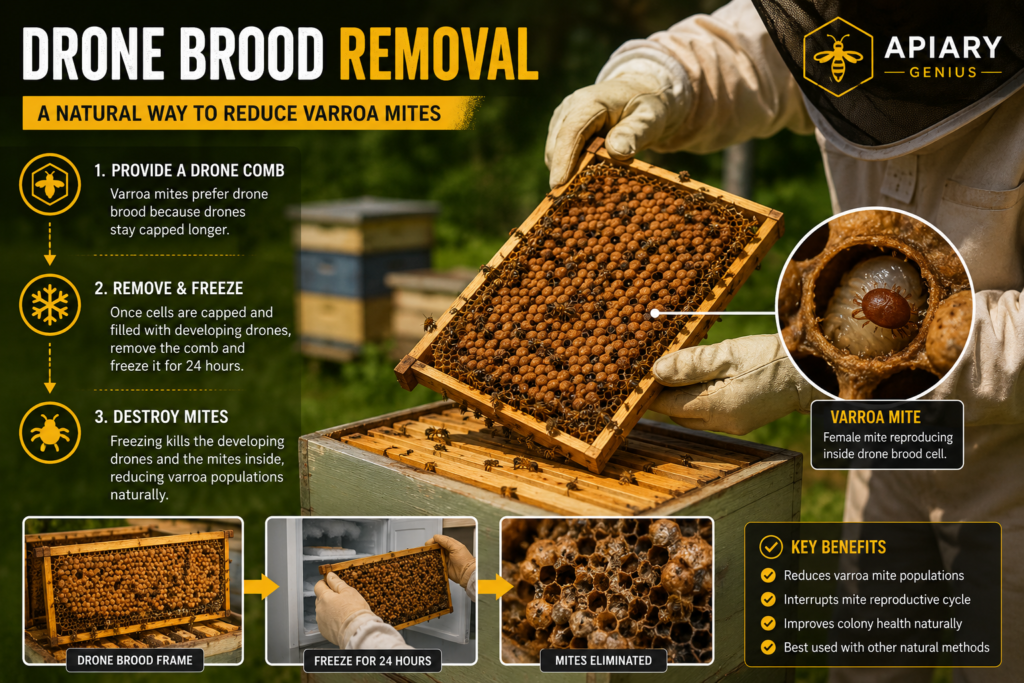 Drone brood removal method for natural varroa mite control in honey bee colonies