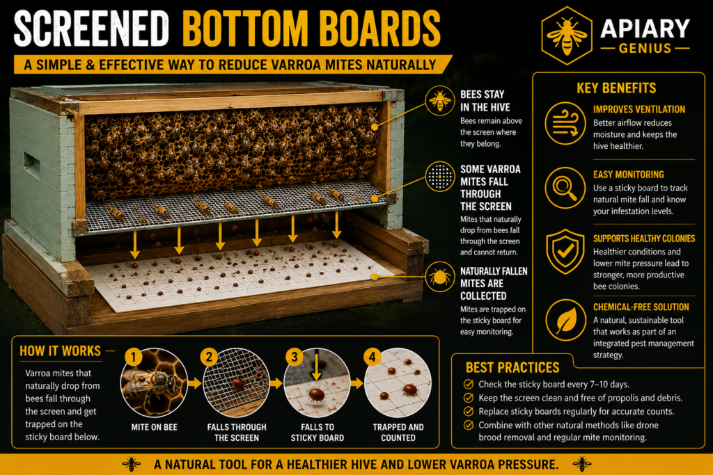 Screened bottom boards for natural varroa mite control in a honey bee hive