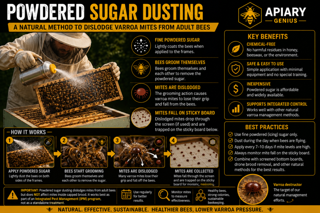 Beekeeper applying powdered sugar dusting to naturally reduce varroa mites in a honey bee colony