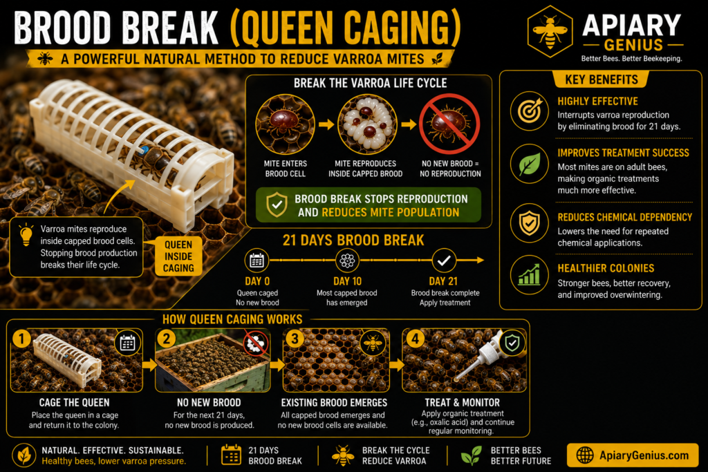Brood break by queen caging to naturally reduce varroa mites in honey bee colonies