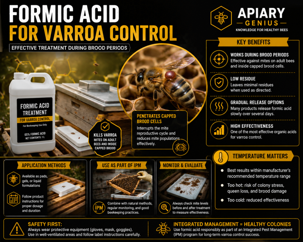 Formic acid treatment for varroa mite control in honey bee colonies during brood periods.