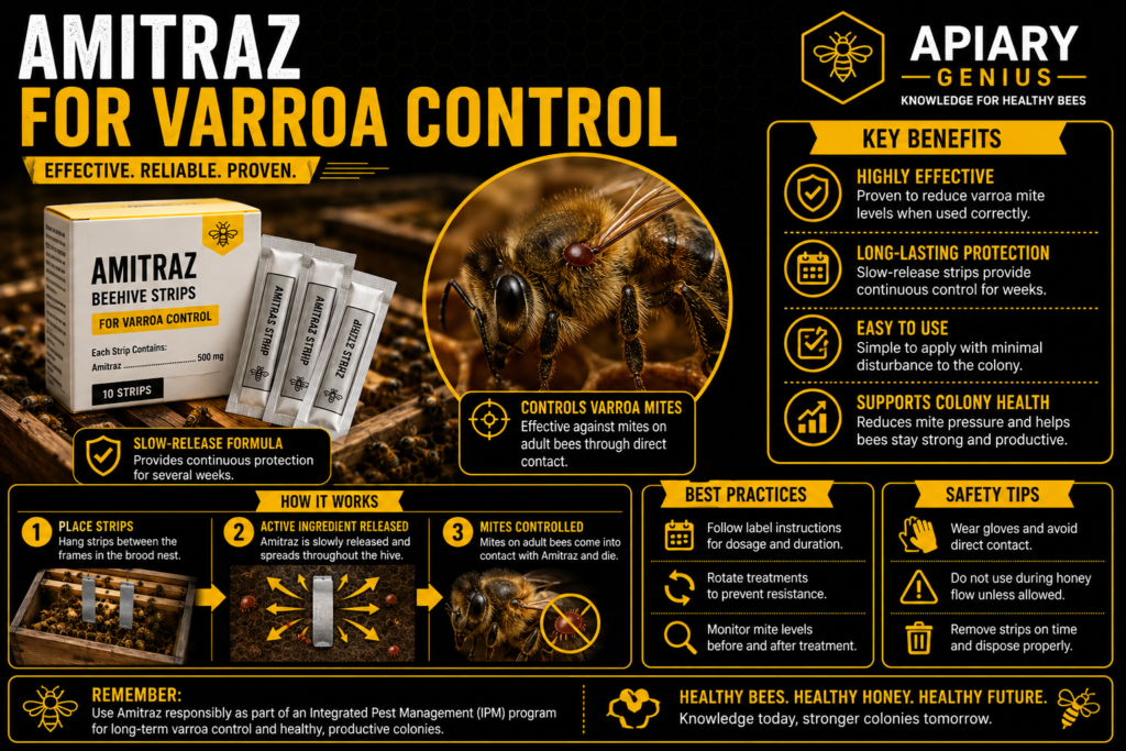 Amitraz strips used for controlling varroa mites in honey bee colonies.