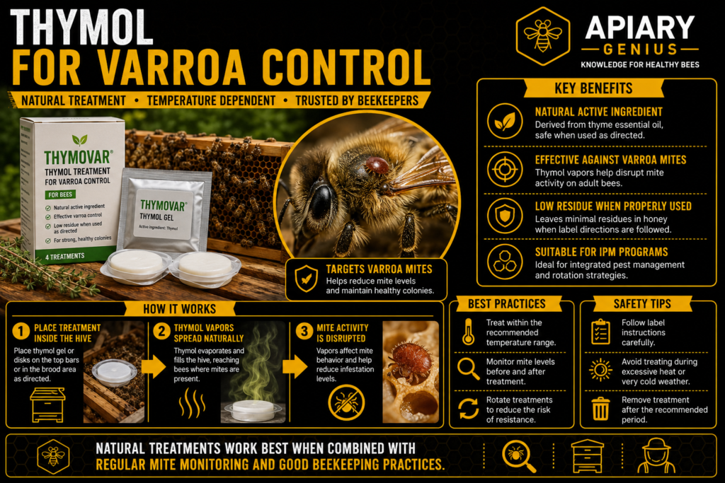Thymol treatment for natural varroa mite control in honey bee colonies.