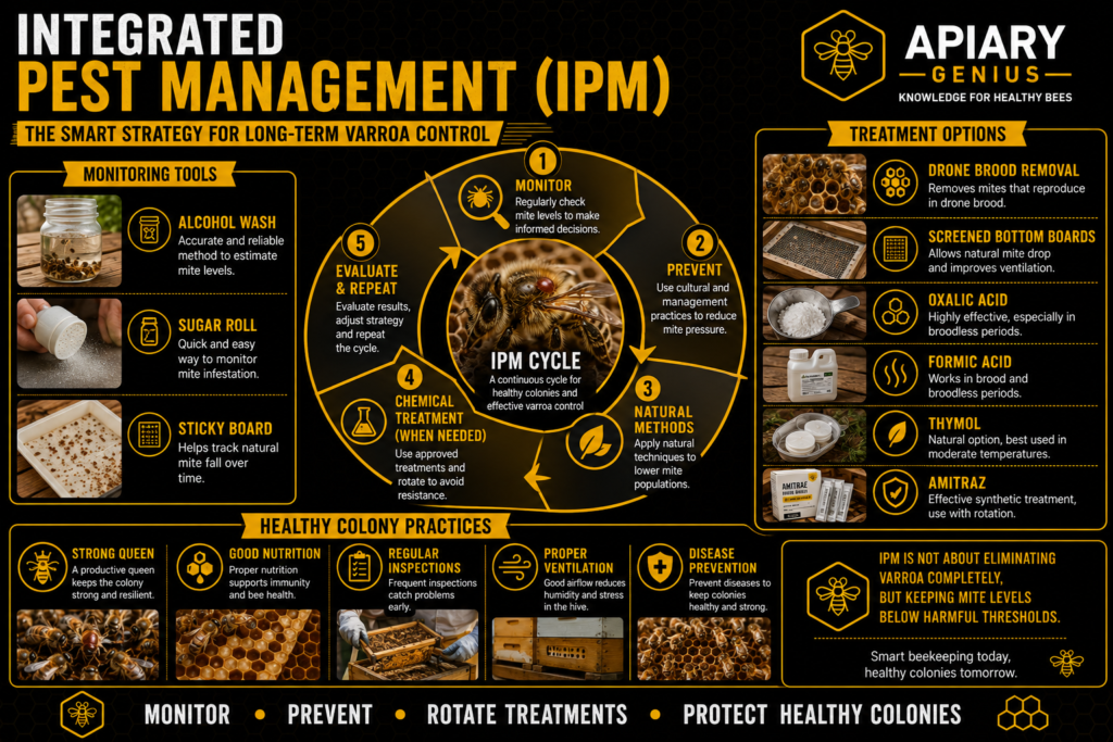 Integrated Pest Management strategy for controlling varroa mites in honey bee colonies.