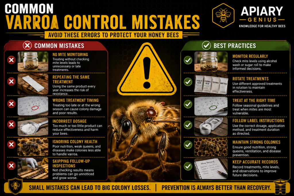 Common mistakes to avoid when controlling varroa mites in honey bee colonies.