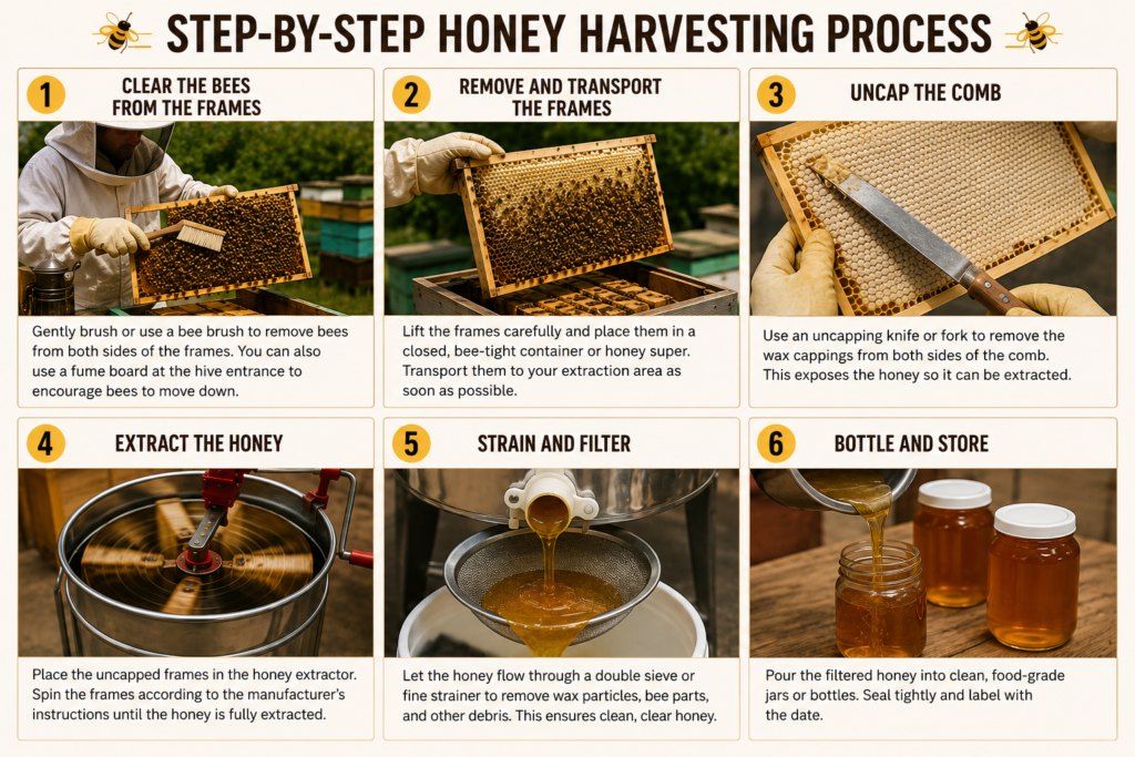 Step-by-step process showing how to harvest honey