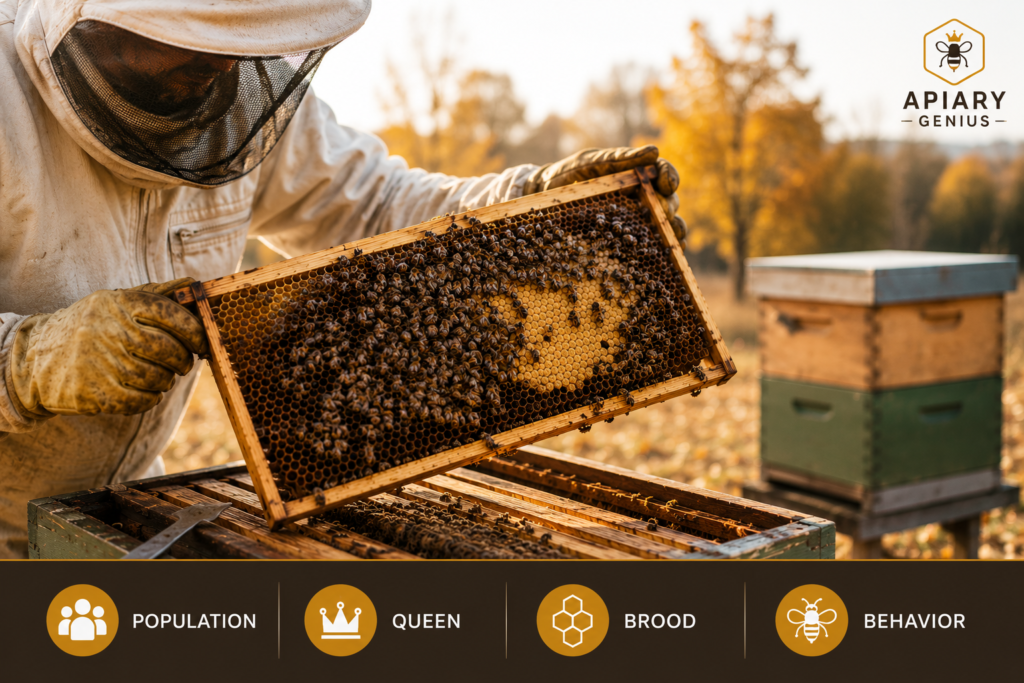 Beekeeper assessing colony strength before winter by inspecting a brood frame