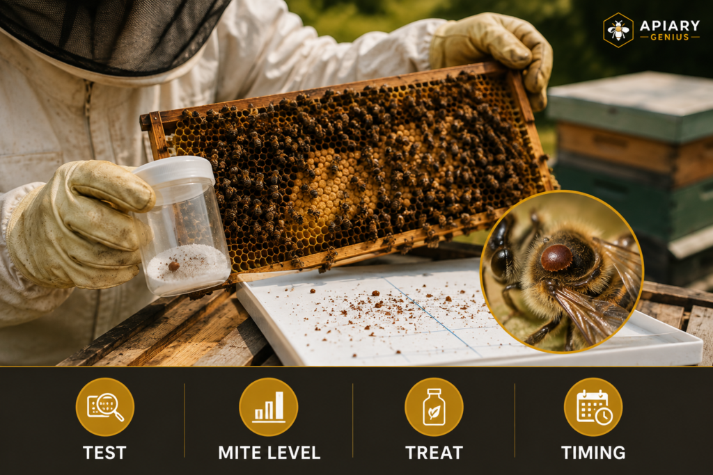 Beekeeper testing Varroa mite levels before preparing a beehive for winter