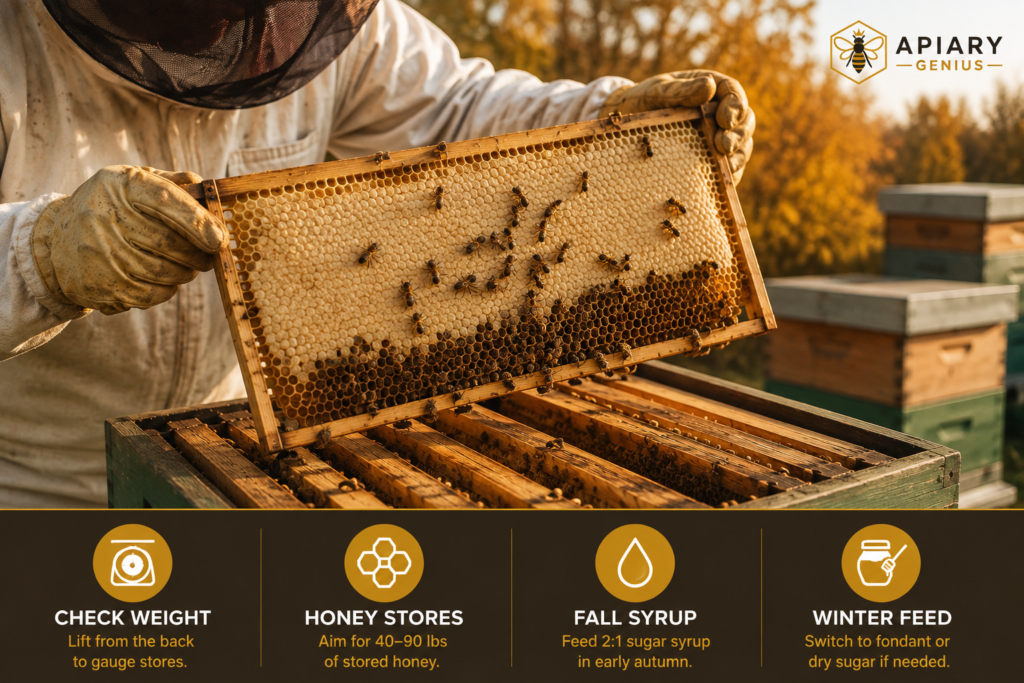 Beekeeper checking honey stores and winter food reserves before winter