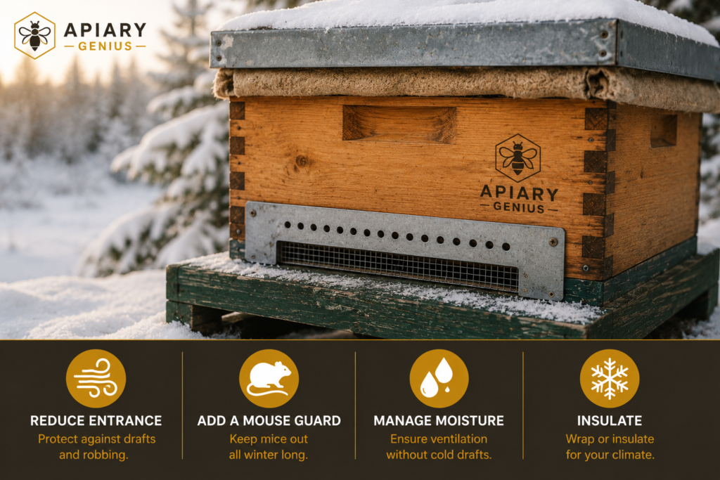 Winter beehive with reduced entrance, mouse guard, moisture control and insulation