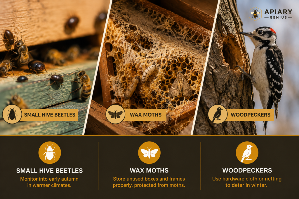Small hive beetles, wax moths and woodpeckers that can threaten beehives in winter