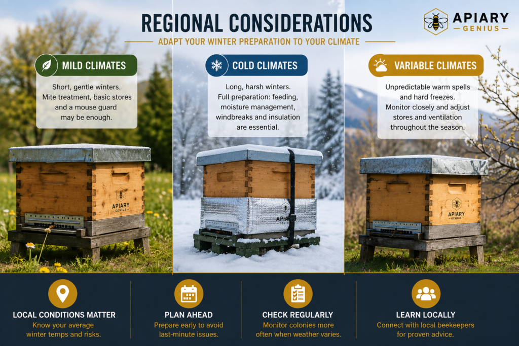 Winter beehive preparation for mild, cold and variable climates