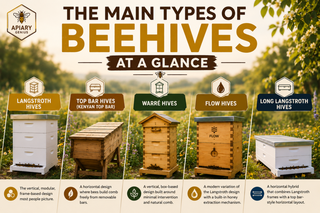 Main types of beehives: Langstroth, Top Bar, Warré, Flow, and Long Langstroth hives
