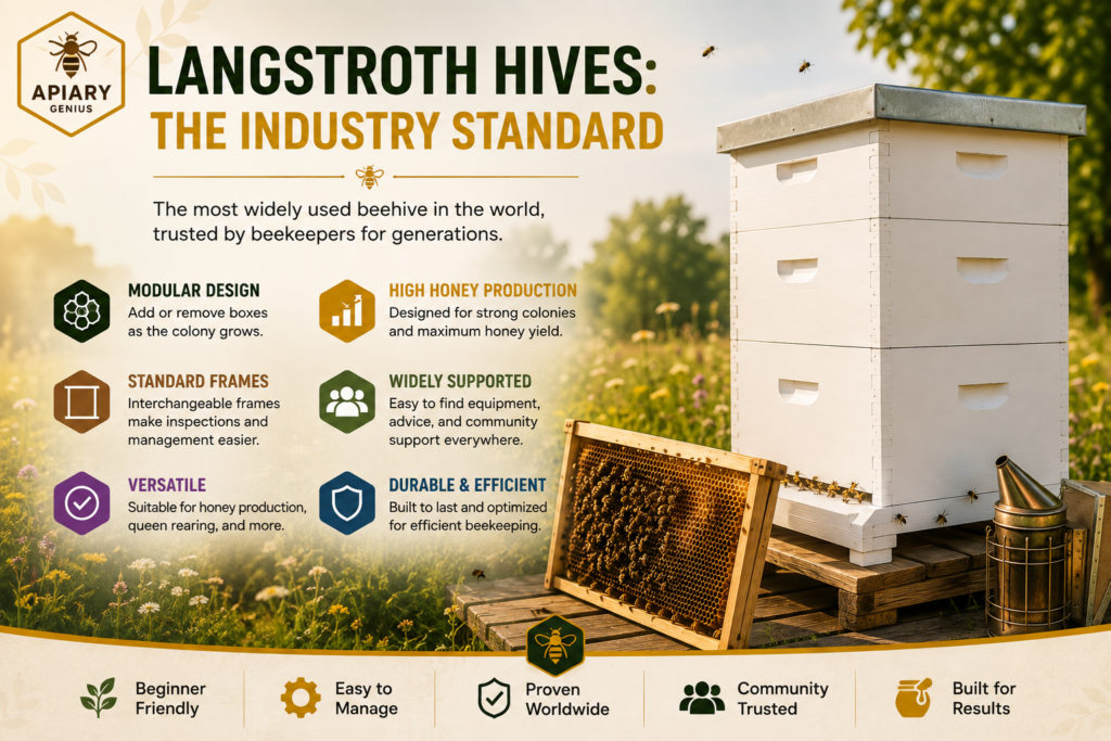 Langstroth hive showing modular boxes, removable frames, and key benefits for beekeepers