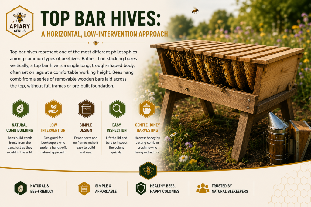 Top Bar hive showing natural comb, horizontal design, and low-intervention beekeeping