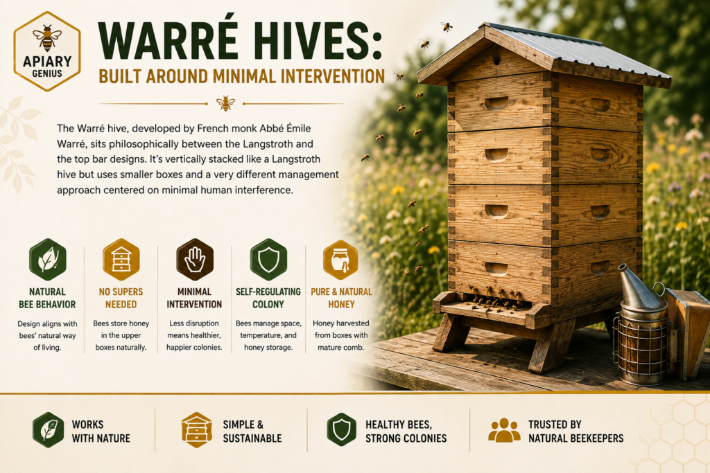 Warré hive showing stacked boxes and a minimal-intervention natural beekeeping design