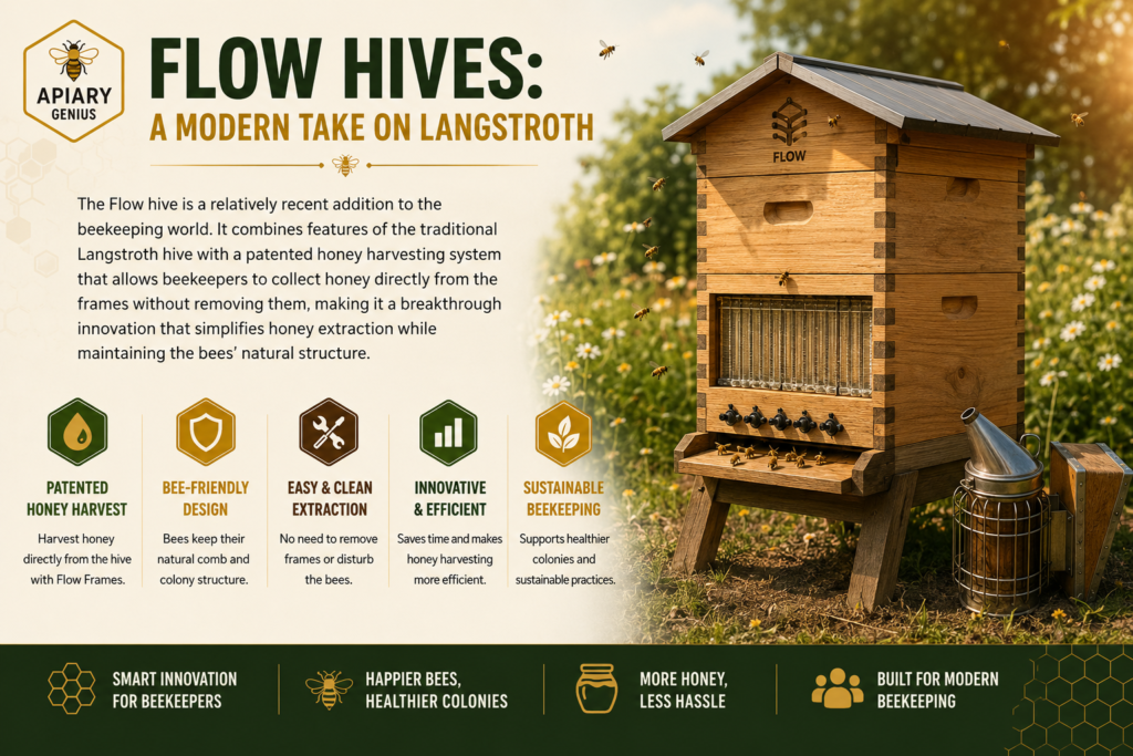Flow Hive showing its Langstroth-style design and built-in honey harvesting system