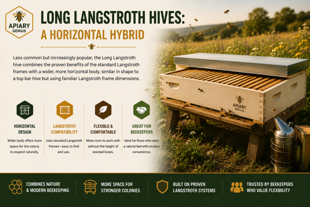 Long Langstroth hive showing a horizontal design with standard Langstroth frames