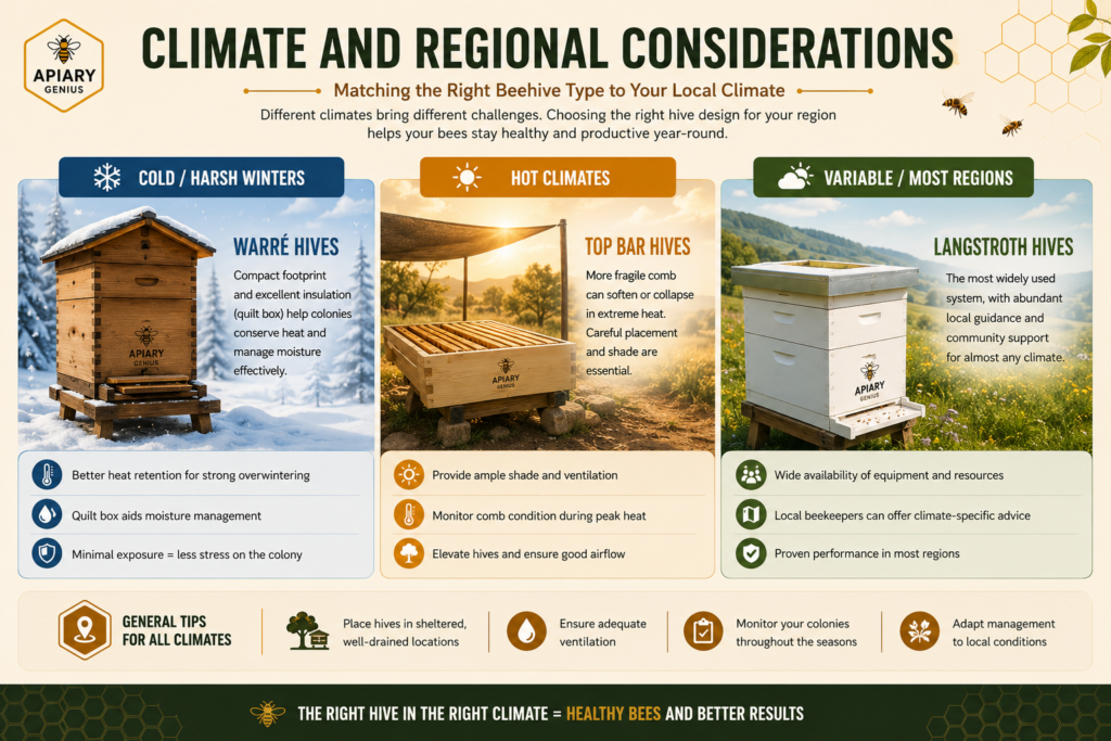 Beehive types for different climates, comparing Warré, Top Bar, and Langstroth hives