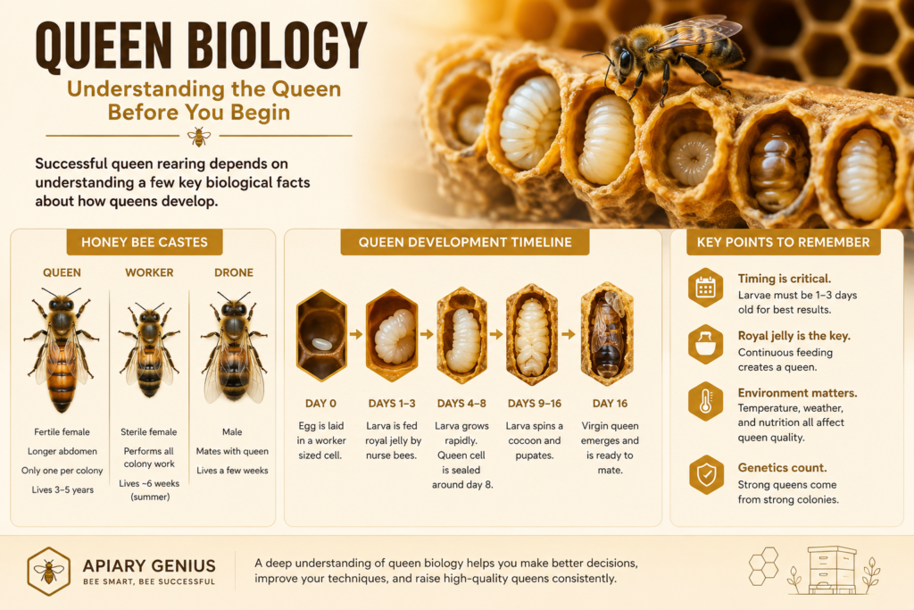 Queen biology and queen bee development timeline for queen rearing