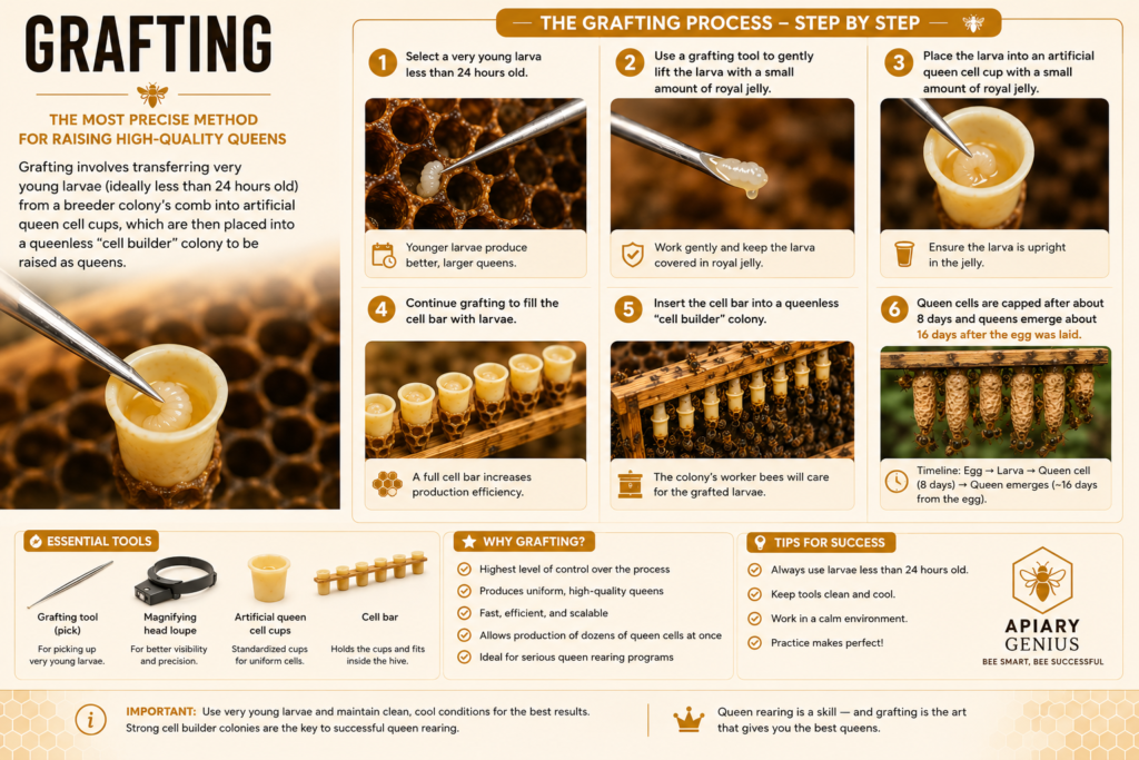 Queen rearing grafting process using young larvae and artificial queen cell cups