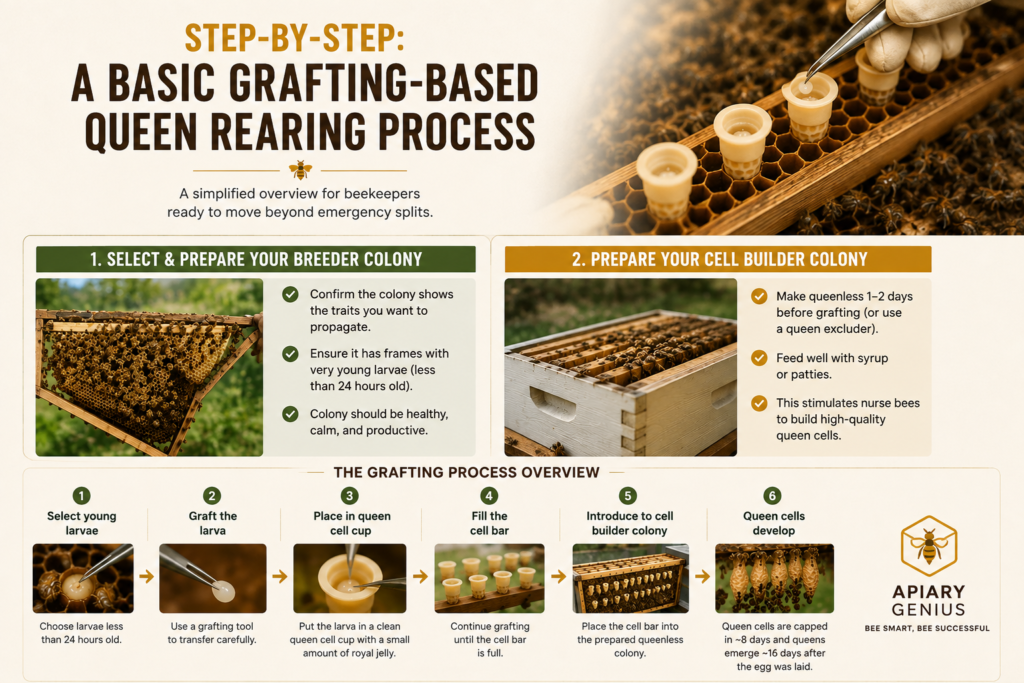 Step-by-step grafting-based queen rearing process for beekeepers