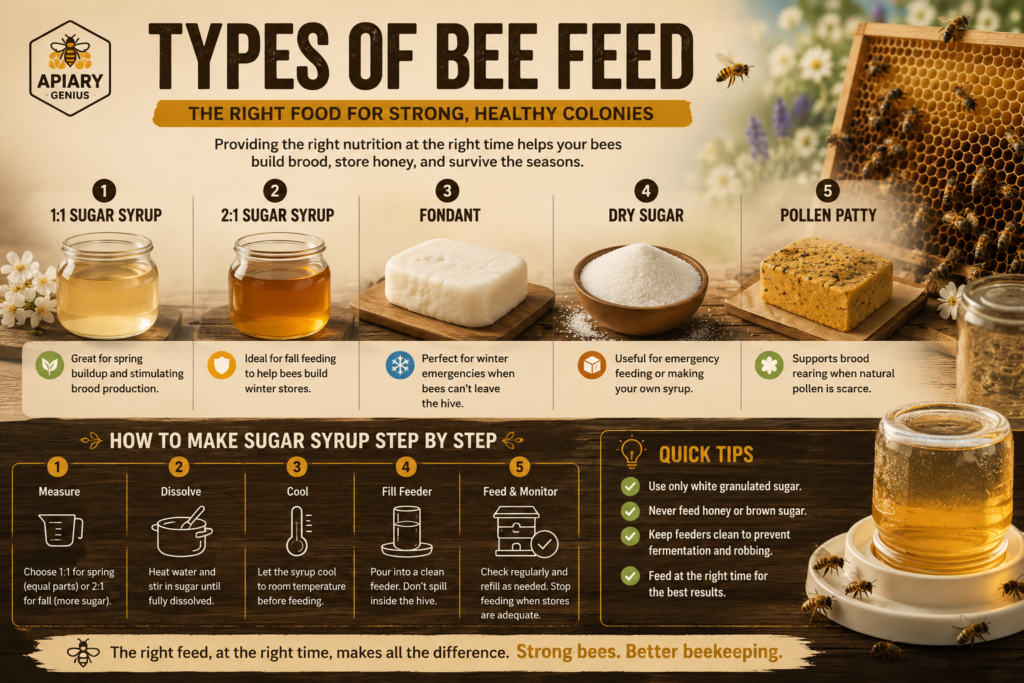Types of bee feed including sugar syrup, fondant, dry sugar, and pollen patties