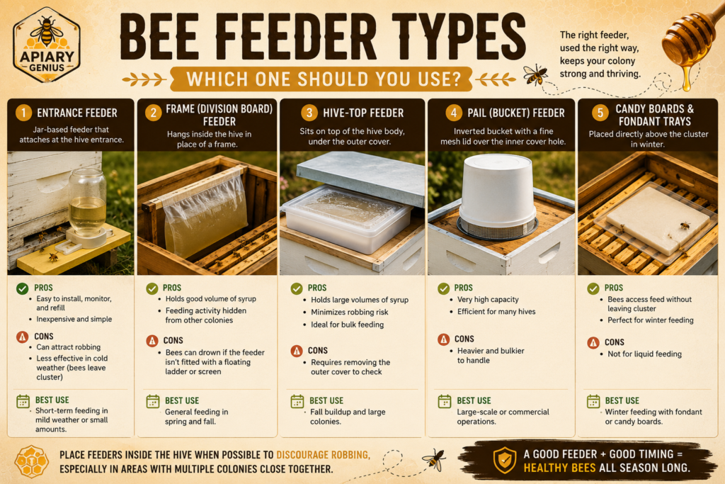 Five types of bee feeders compared for seasonal hive feeding