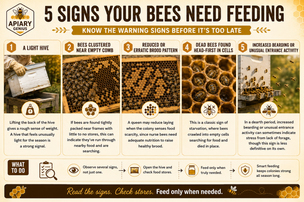 Five signs your bees need feeding, including a light hive, empty comb, and irregular brood