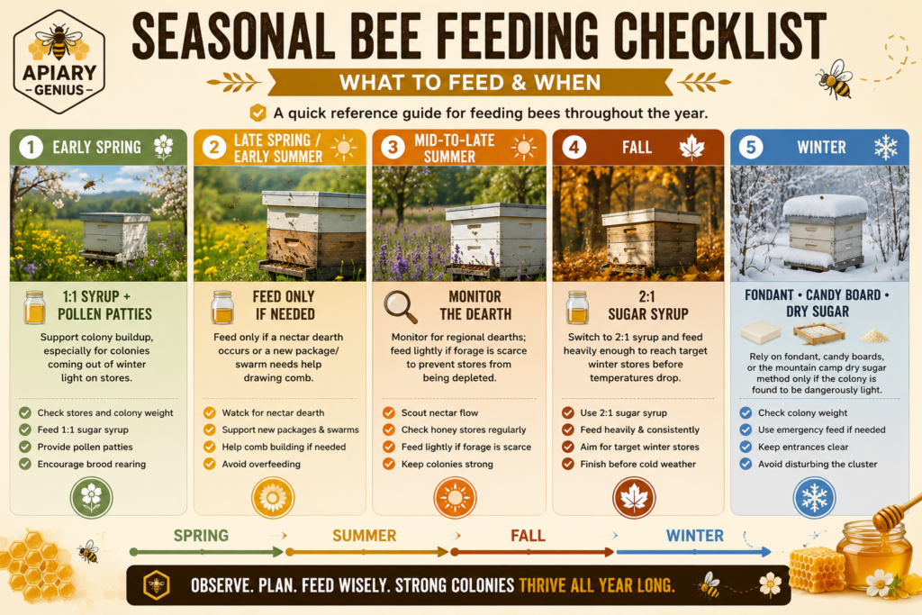 Seasonal bee feeding checklist for spring, summer, fall, and winter