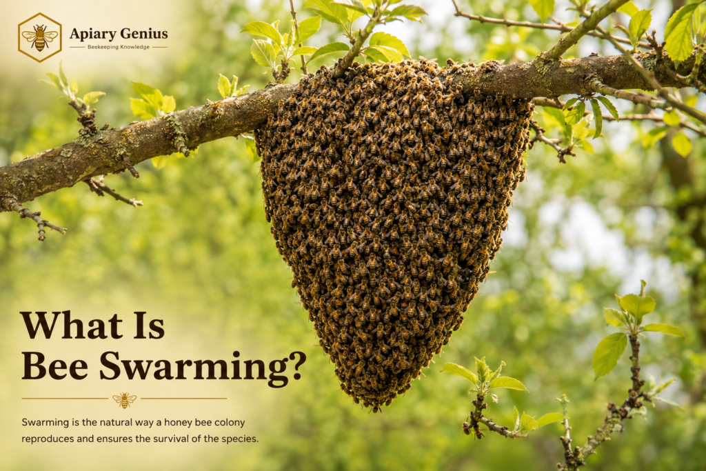 What is bee swarming - honey bee swarm clustered on a tree branch