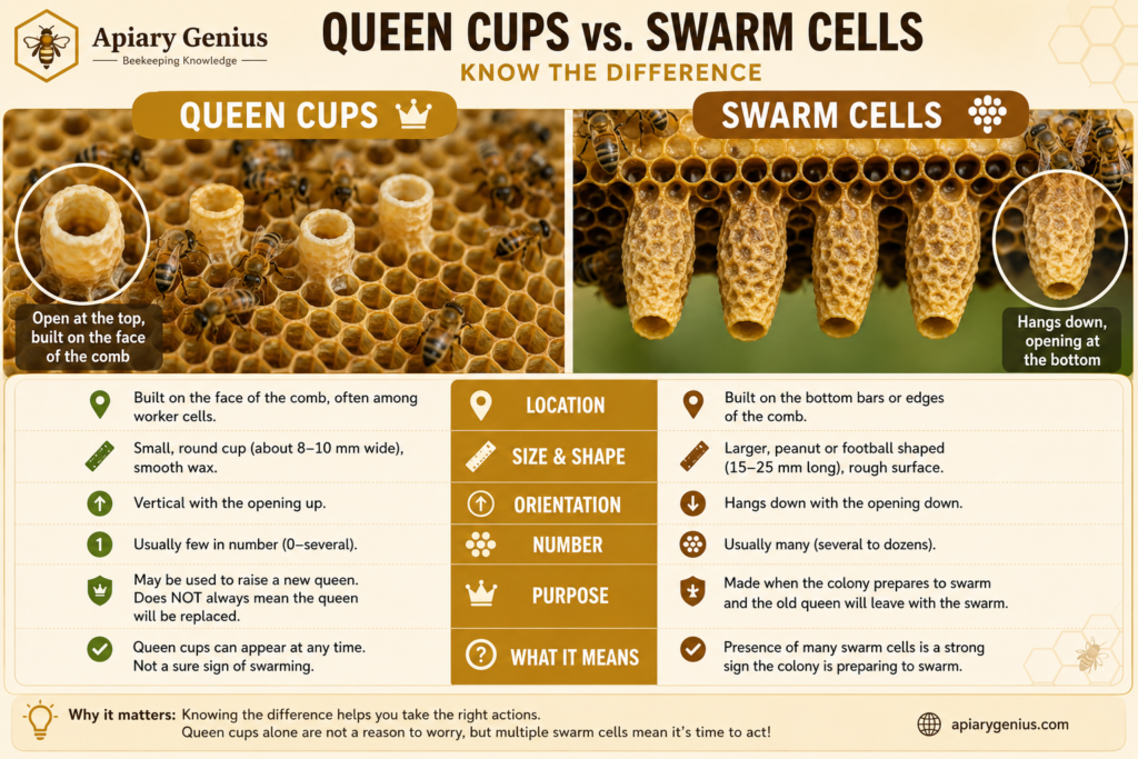 Queen cups vs swarm cells comparison for bee swarm prevention