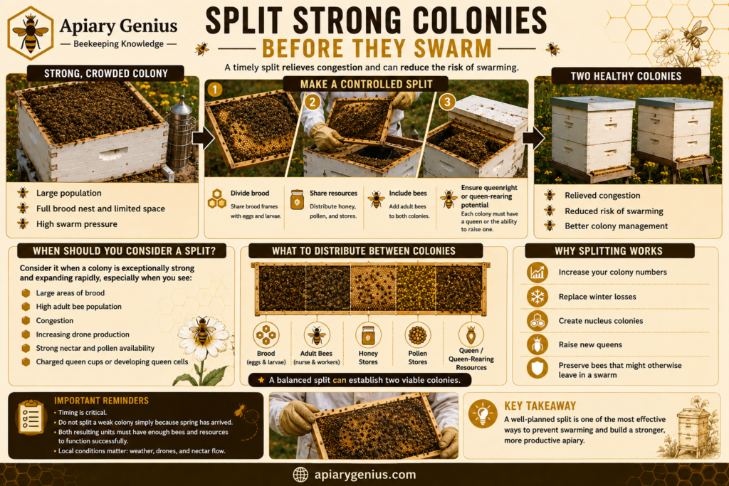 Splitting a strong honey bee colony before swarming to reduce congestion and swarm pressure
