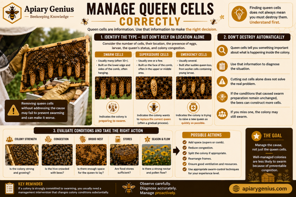 Managing queen cells correctly by identifying swarm, supersedure, and emergency queen cells