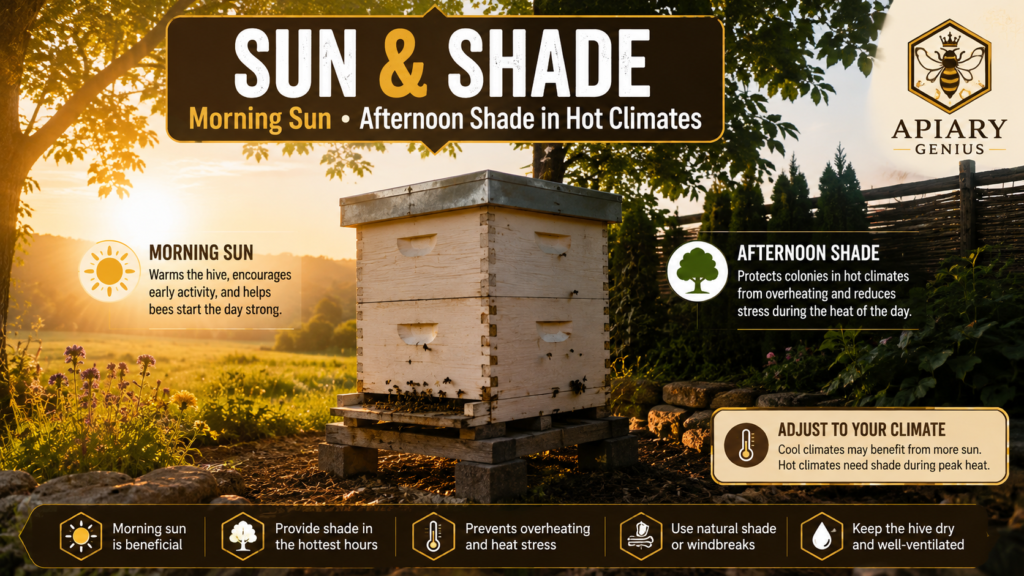 Beehive receiving morning sun and afternoon shade in a suitable hive location