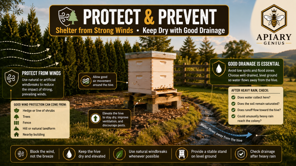 Beehive protected from strong winds on raised well-drained ground