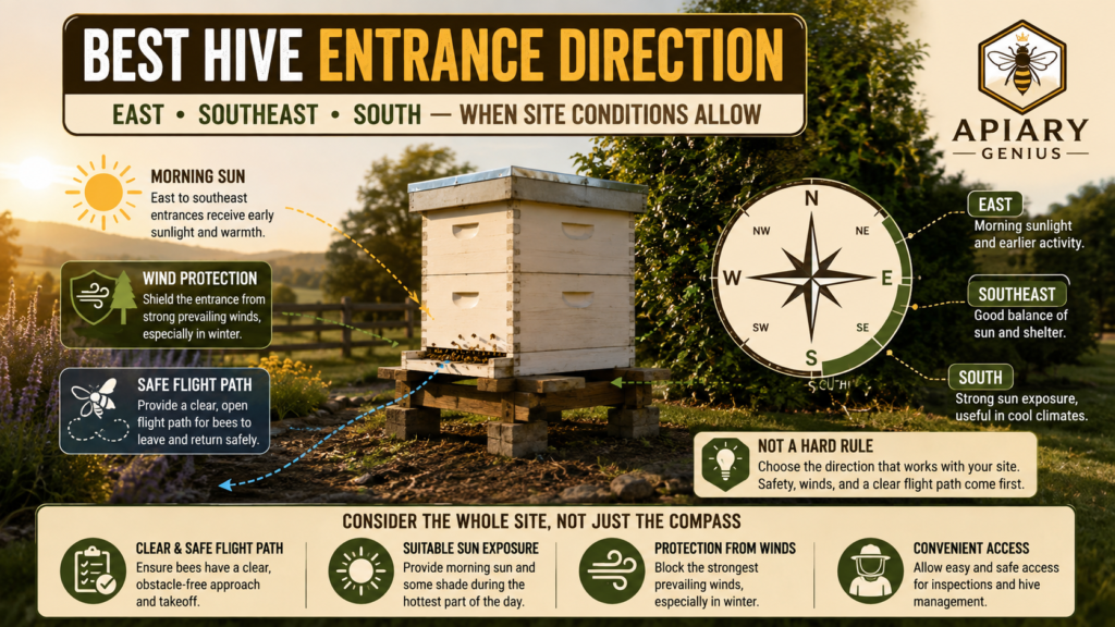 Best hive entrance direction showing east, southeast, and south orientation considerations